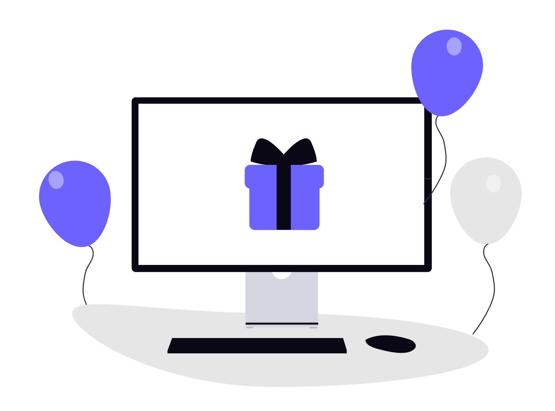 Una escritorio con un ordenador rodeado de globos, y un regalo en la pantalla